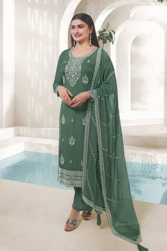 Green embroidered organza semi straight pant salwar suit