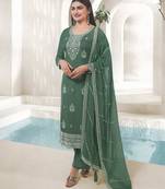 Green embroidered organza semi straight pant salwar suit