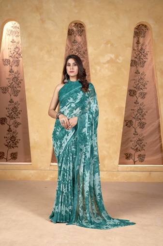 Teal weight less classic sari with print work for women
