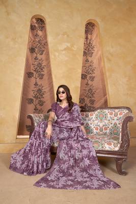 Purple weight less print work trendy saree 3