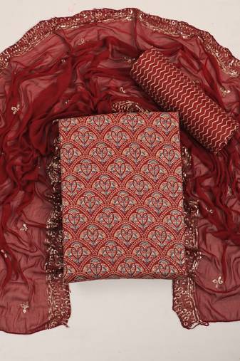 Red cotton sequins casual unstitched suit