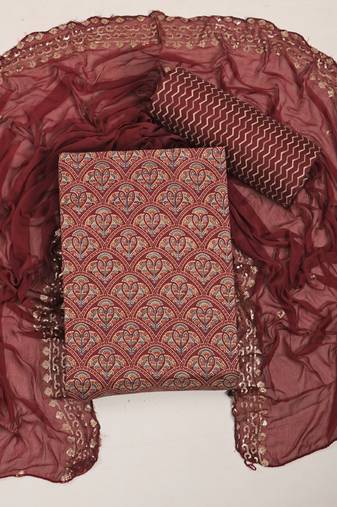 Wine cotton sequins casual unstitched suit