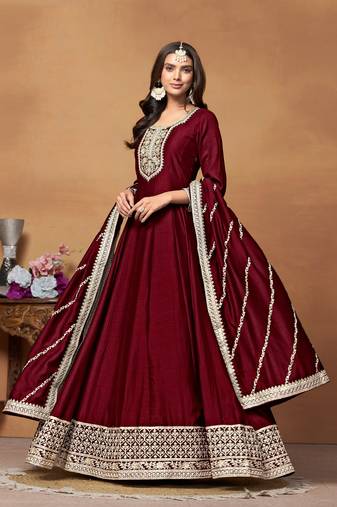 Maroon Embroidered ArtSilk SemiStitched Pant Party Wear Salwarsuit
