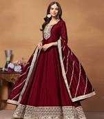 Maroon Embroidered ArtSilk SemiStitched Pant Party Wear Salwarsuit