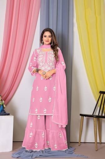 Pink Embroidered Georgette SemiStitched Sarara Party Wear Salwarsuit