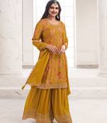 Yellow Embroidered Chiffon SemiStitched Sarara Party Wear Salwarsuit