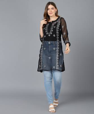  lucknowi hand georgette straight short kurti black & white 1