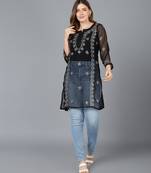 Vahson women lucknowi hand chikan embroidery georgette straight short kurti black & white