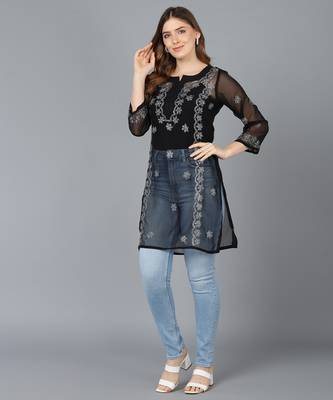  lucknowi hand georgette straight short kurti black & white 2
