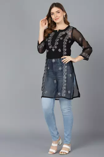  lucknowi hand georgette straight short kurti black & white