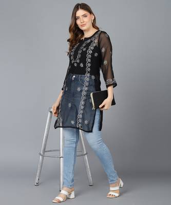 lucknowi hand georgette straight short kurti black & white 4