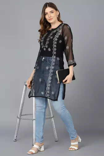  lucknowi hand georgette straight short kurti black & white