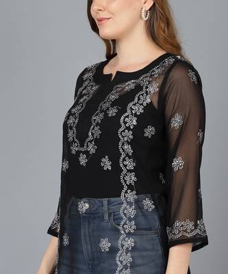  lucknowi hand georgette straight short kurti black & white 5