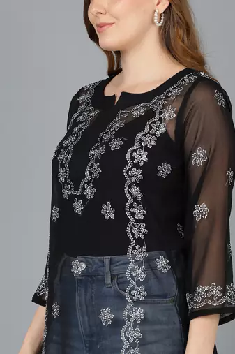  lucknowi hand georgette straight short kurti black & white