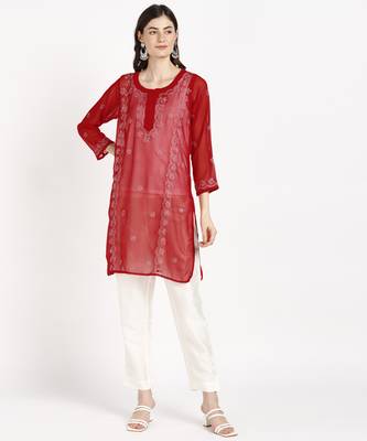  lucknowi hand georgette straight short kurti red & white 1