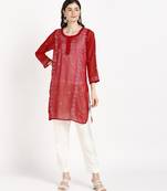 Vahson women lucknowi hand chikan embroidery georgette straight short kurti red & white