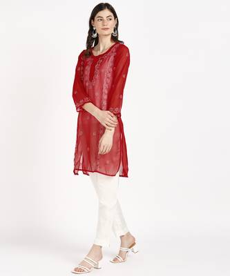 lucknowi hand georgette straight short kurti red & white 2