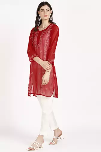  lucknowi hand georgette straight short kurti red & white
