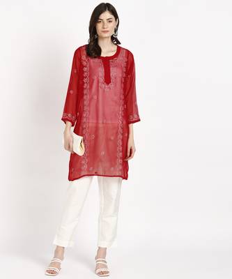  lucknowi hand georgette straight short kurti red & white 3