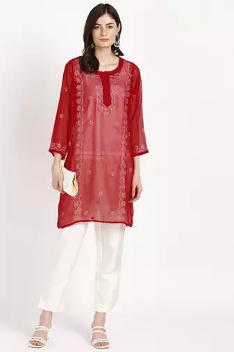  lucknowi hand georgette straight short kurti red & white