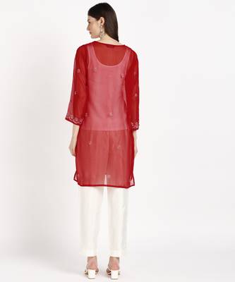  lucknowi hand georgette straight short kurti red & white 4