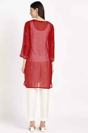  lucknowi hand georgette straight short kurti red & white