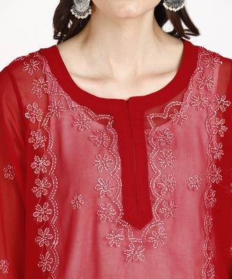  lucknowi hand georgette straight short kurti red & white 5