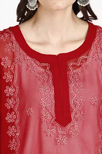  lucknowi hand georgette straight short kurti red & white