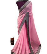 Baby pink heavy laced chiffon solid ready to wear saree with unstitched blouse piece