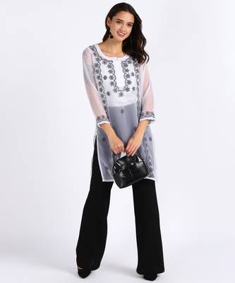  lucknowi hand georgette straight short kurti white & black 1