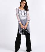 Vahson women lucknowi hand chikan embroidery georgette straight short kurti white & black
