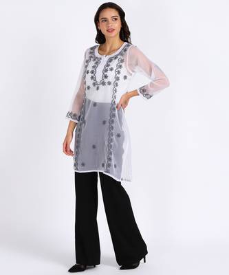  lucknowi hand georgette straight short kurti white & black 2