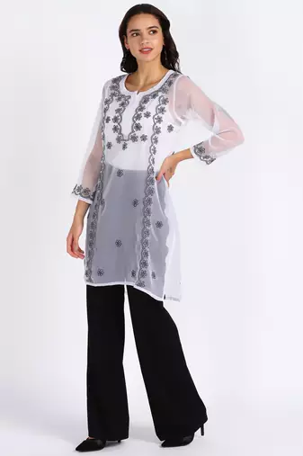  lucknowi hand georgette straight short kurti white & black