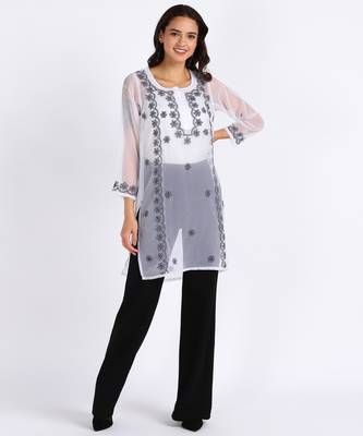  lucknowi hand georgette straight short kurti white & black 3