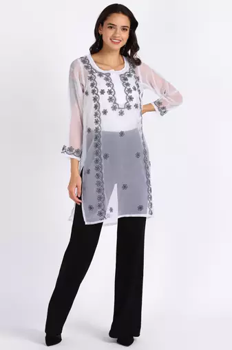  lucknowi hand georgette straight short kurti white & black