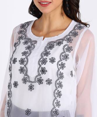  lucknowi hand georgette straight short kurti white & black 5