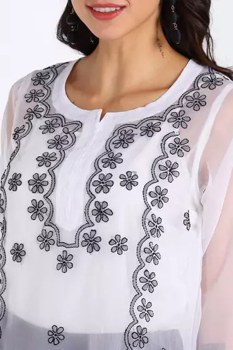  lucknowi hand georgette straight short kurti white & black