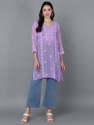  lucknowi hand georgette straight short kurti violet 1