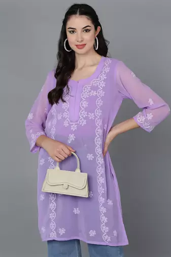  lucknowi hand georgette straight short kurti violet