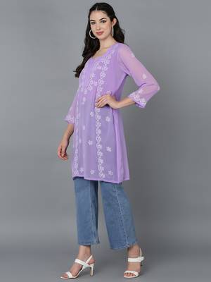  lucknowi hand georgette straight short kurti violet 3