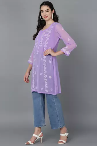  lucknowi hand georgette straight short kurti violet