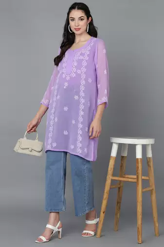  lucknowi hand georgette straight short kurti violet