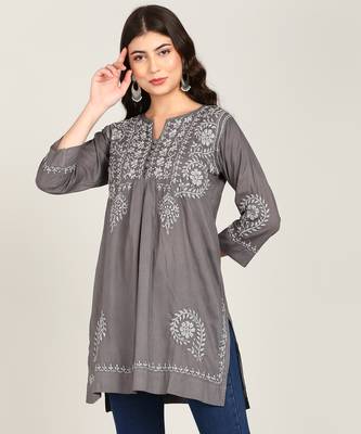 Vahson women chikankari hand embroidered pure cotton a-line kurti grey 1