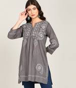 Vahson women chikankari hand embroidered pure cotton a-line kurti grey