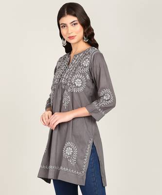 Vahson women chikankari hand embroidered pure cotton a-line kurti grey 2