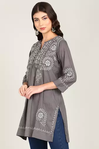 Vahson women chikankari hand embroidered pure cotton a-line kurti grey