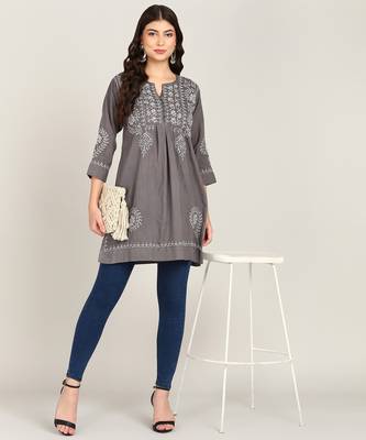 Vahson women chikankari hand embroidered pure cotton a-line kurti grey 3