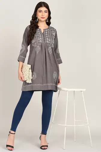 Vahson women chikankari hand embroidered pure cotton a-line kurti grey