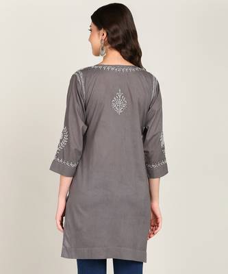 Vahson women chikankari hand embroidered pure cotton a-line kurti grey 4