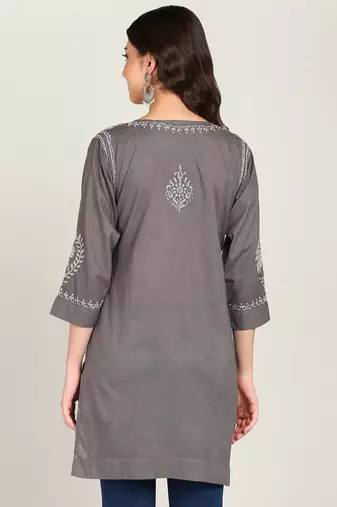 Vahson women chikankari hand embroidered pure cotton a-line kurti grey